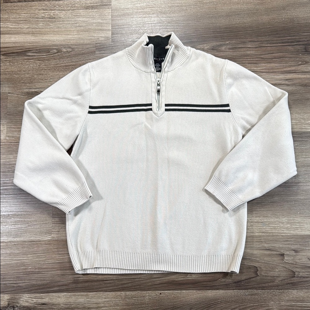 Structure‎ Mens L Cream Quarter Zip Up Sweater Sporty Stripes Eclectic Grandpa